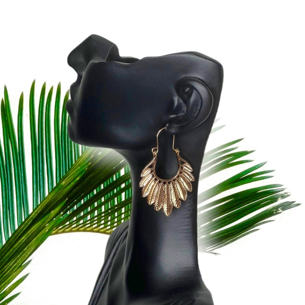 ❀ Gold Geometric Hollow Feather Minimalist Dangle Earrings - Picture 3 of 4